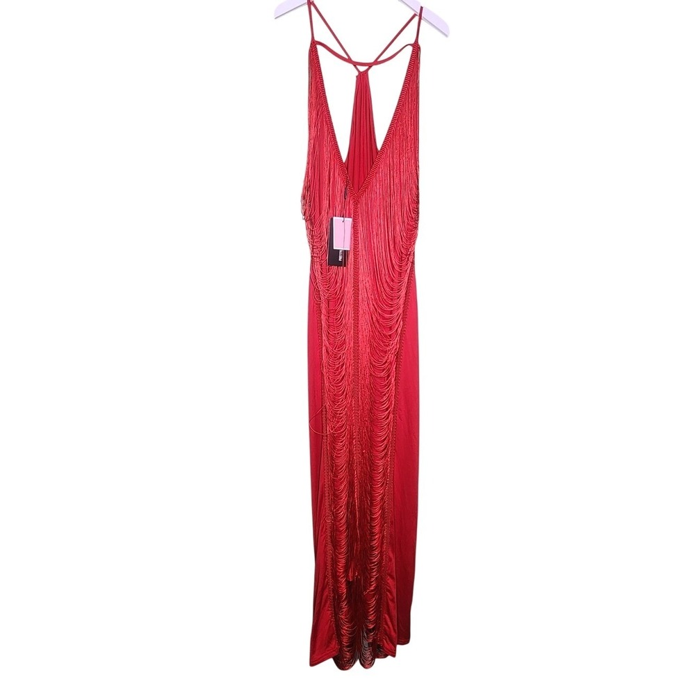 Pretty Little Thing Red‎ Fringe Maxi Dress Bodycon Party Festive Fringe 22